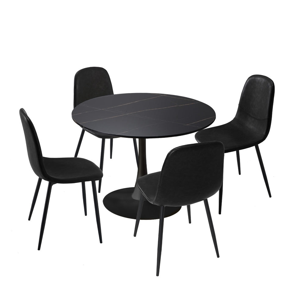 Oikiture 90cm Round Dining Table with 4x Dining Chairs PU Leather Black-Dining Set-PEROZ Accessories
