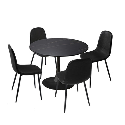 Oikiture 90cm Round Dining Table with 4x Dining Chairs PU Leather Black-Dining Set-PEROZ Accessories