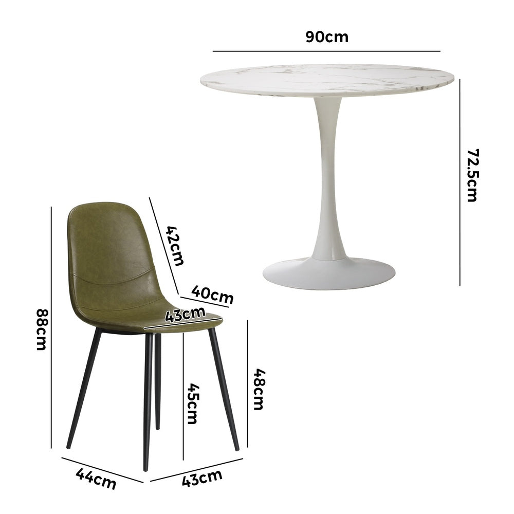 Oikiture 90cm Round Dining Table with 4x Dining Chairs PU Leather Green-Dining Set-PEROZ Accessories