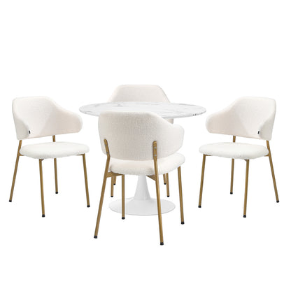 Oikiture 90cm Round Dining Table with 4x Dining Chairs Sherpa Gold &amp; White-Dining Set-PEROZ Accessories