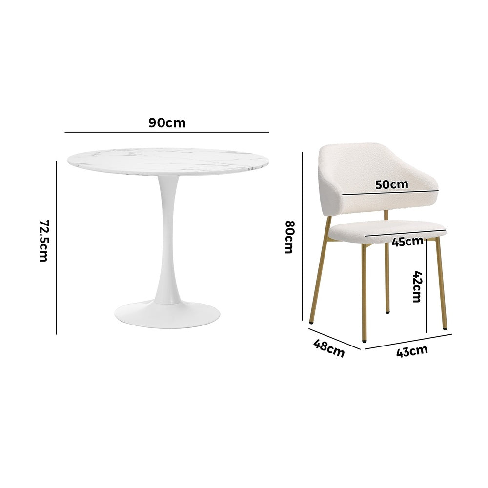 Oikiture 90cm Round Dining Table with 4x Dining Chairs Sherpa Gold &amp; White-Dining Set-PEROZ Accessories