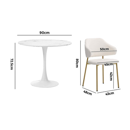 Oikiture 90cm Round Dining Table with 4x Dining Chairs Sherpa Gold &amp; White-Dining Set-PEROZ Accessories