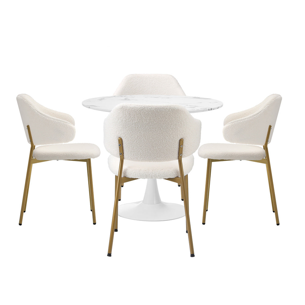 Oikiture 90cm Round Dining Table with 4x Dining Chairs Sherpa Gold &amp; White-Dining Set-PEROZ Accessories