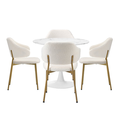 Oikiture 90cm Round Dining Table with 4x Dining Chairs Sherpa Gold &amp; White-Dining Set-PEROZ Accessories