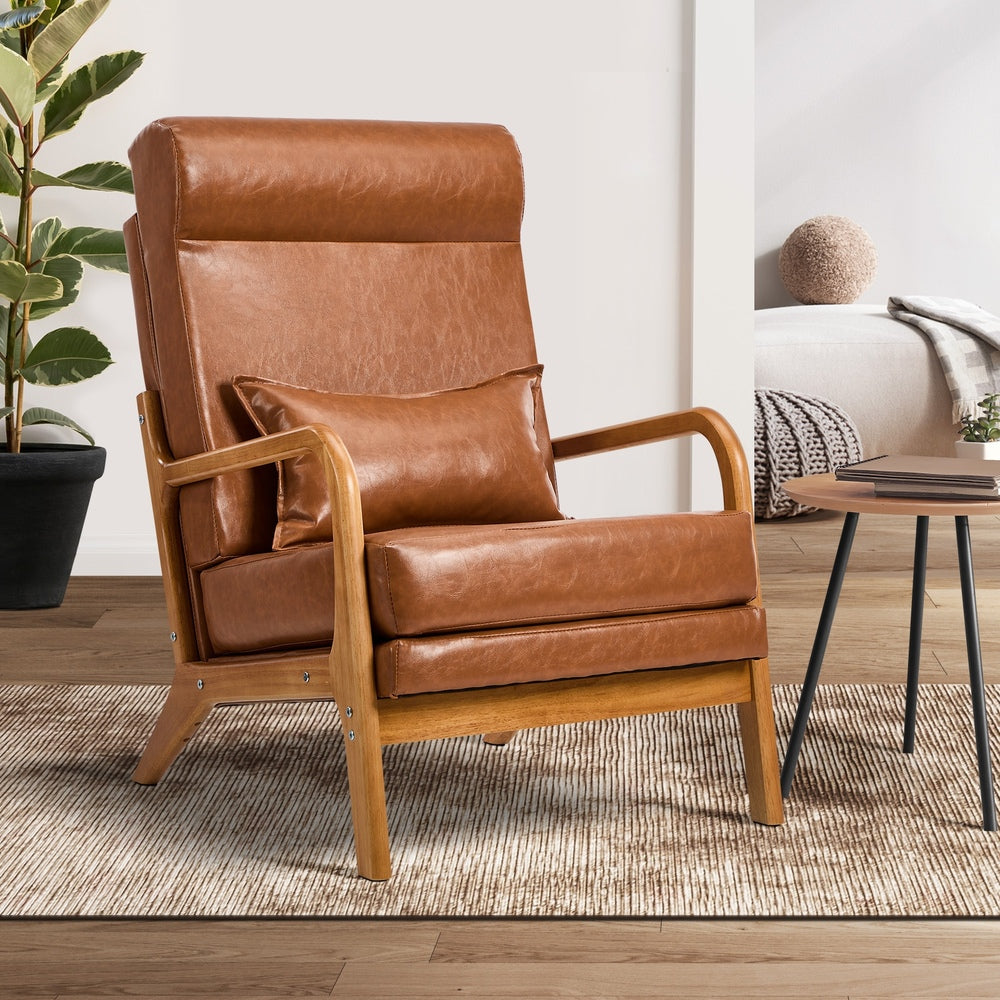 Oikiture Armchair PU Leather Lounge Chair with Lumbar Pillow Brown-Armchair-PEROZ Accessories