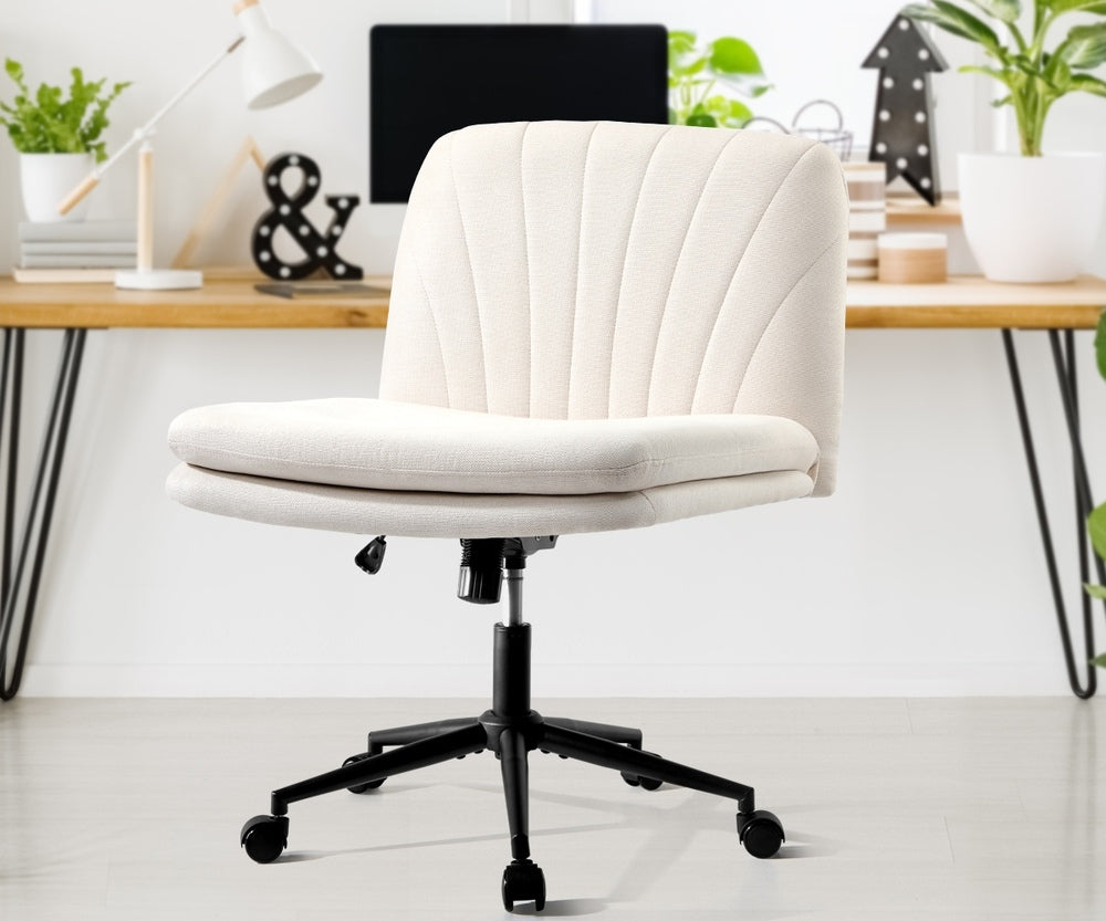 Oikiture Armless Office Chair Wide Seat Linen with Wheels Beige-Office Chair-PEROZ Accessories