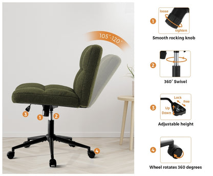 Oikiture Armless Office Chair Wide Seat with Wheels Boucle Green-Office Chair-PEROZ Accessories