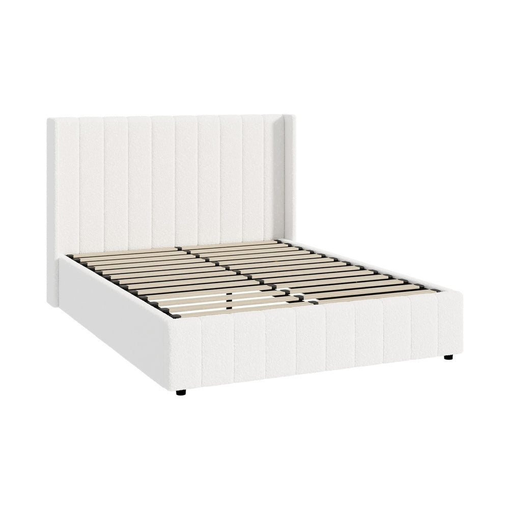 Oikiture Bed Frame Double Size Gas Lift Base Boucle Fabric White-Bed Frame-PEROZ Accessories