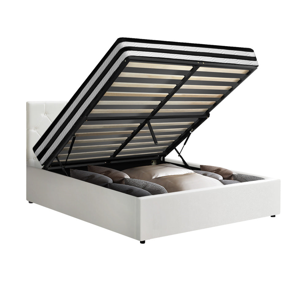 Oikiture Bed Frame Double Size Gas Lift with Mattress White Leather-Bed Frame-PEROZ Accessories