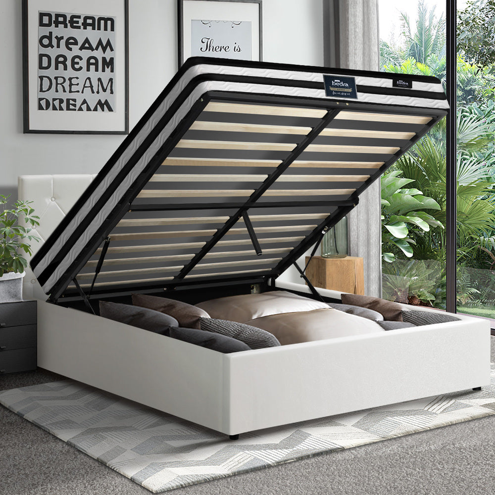 Oikiture Bed Frame Double Size Gas Lift with Mattress White Leather-Bed Frame-PEROZ Accessories