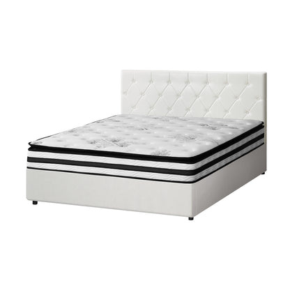 Oikiture Bed Frame Double Size Gas Lift with Mattress White Leather-Bed Frame-PEROZ Accessories