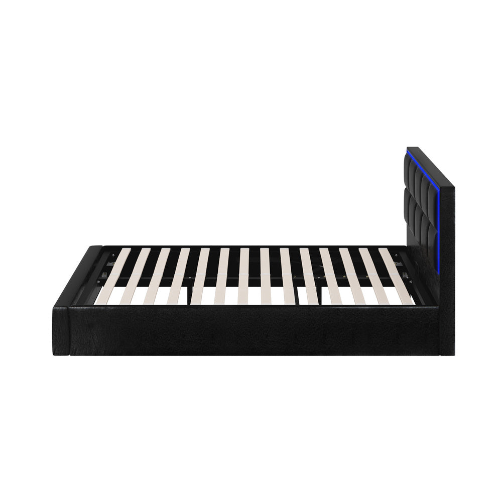 Oikiture Bed Frame Double Size RGB LED Gas Lift Storage Base Leather-Bed Frame-PEROZ Accessories