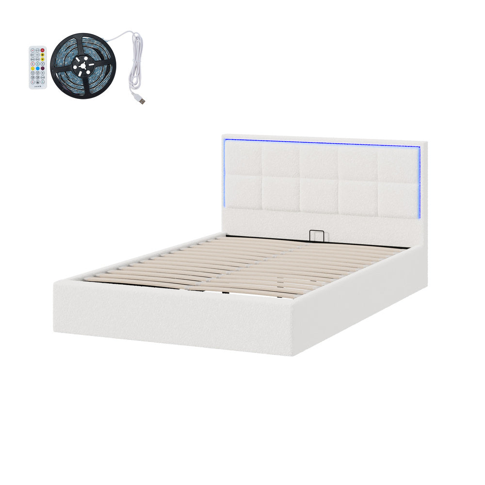 Oikiture Bed Frame Double Size RGB LED Gas Lift Storage Base White Boucle-Bed Frame-PEROZ Accessories