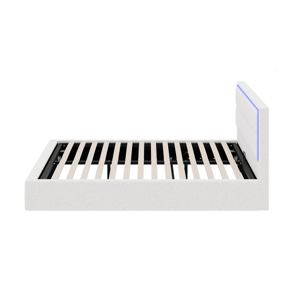 Oikiture Bed Frame Double Size RGB LED Gas Lift Storage Base White Boucle-Bed Frame-PEROZ Accessories
