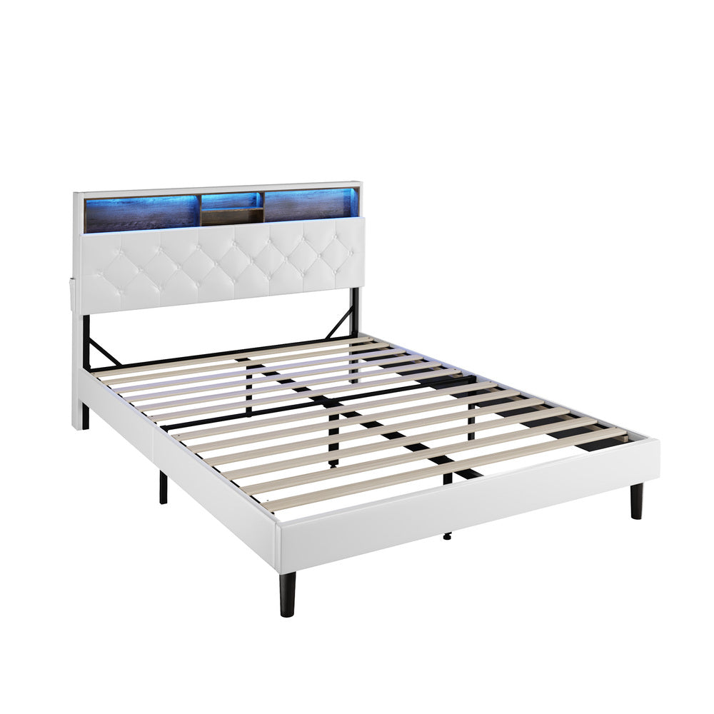 Oikiture Bed Frame Double Size with LED Storage Bedhead White-Bed Frame-PEROZ Accessories