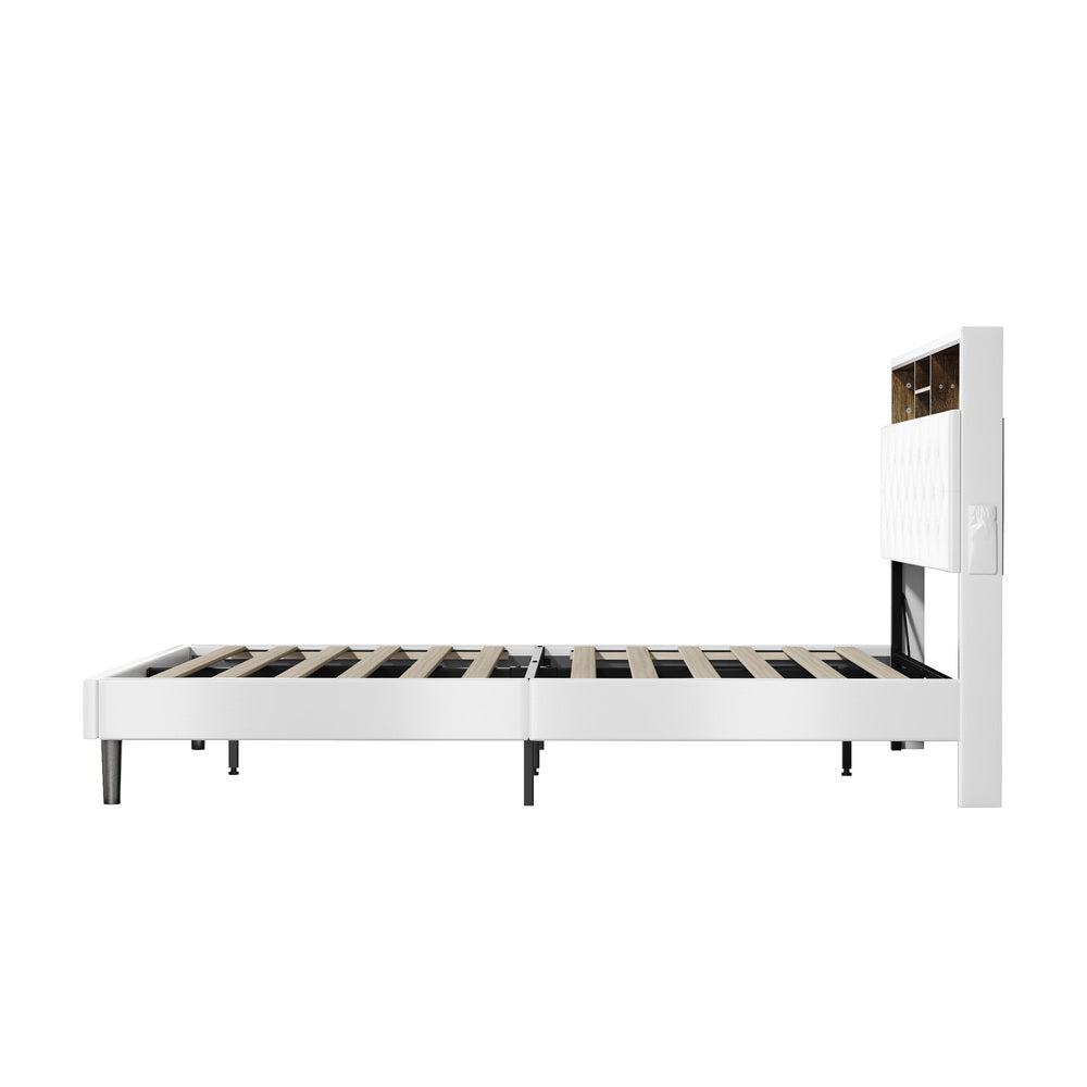 Oikiture Bed Frame Double Size with LED Storage Bedhead White-Bed Frame-PEROZ Accessories