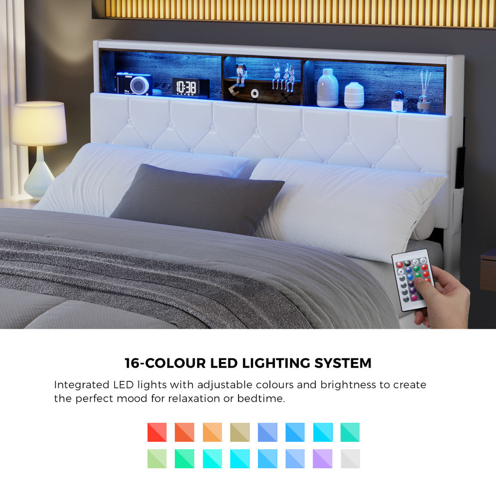 Oikiture Bed Frame Double Size with LED Storage Bedhead White-Bed Frame-PEROZ Accessories