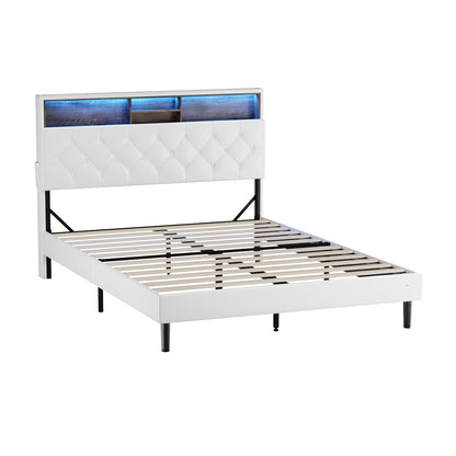 Oikiture Bed Frame Double Size with LED Storage Bedhead White-Bed Frame-PEROZ Accessories