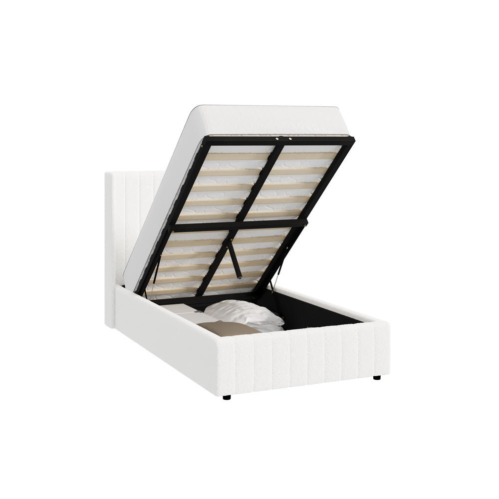 Oikiture Bed Frame King Single Gas Lift Base Boucle Fabric White-Bed Frame-PEROZ Accessories