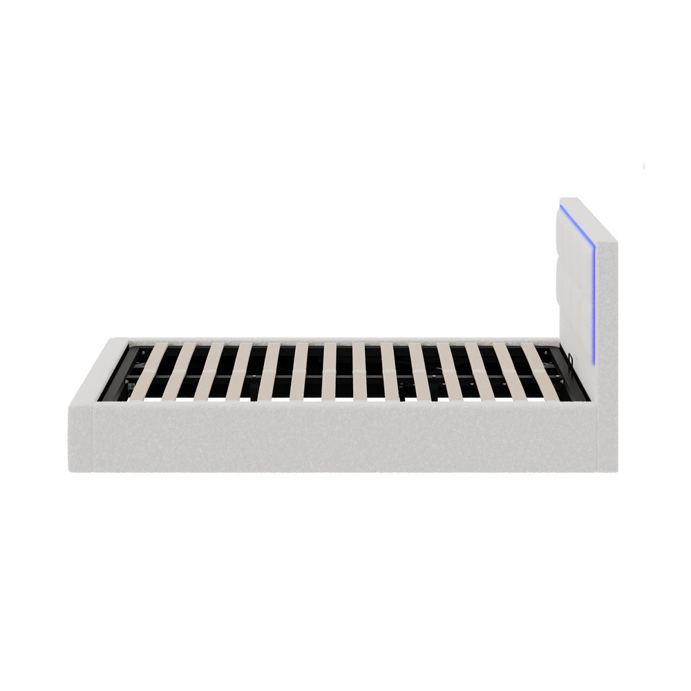 Oikiture Bed Frame King Single RGB LED Gas Lift Storage Base White Boucle-Bed Frame-PEROZ Accessories