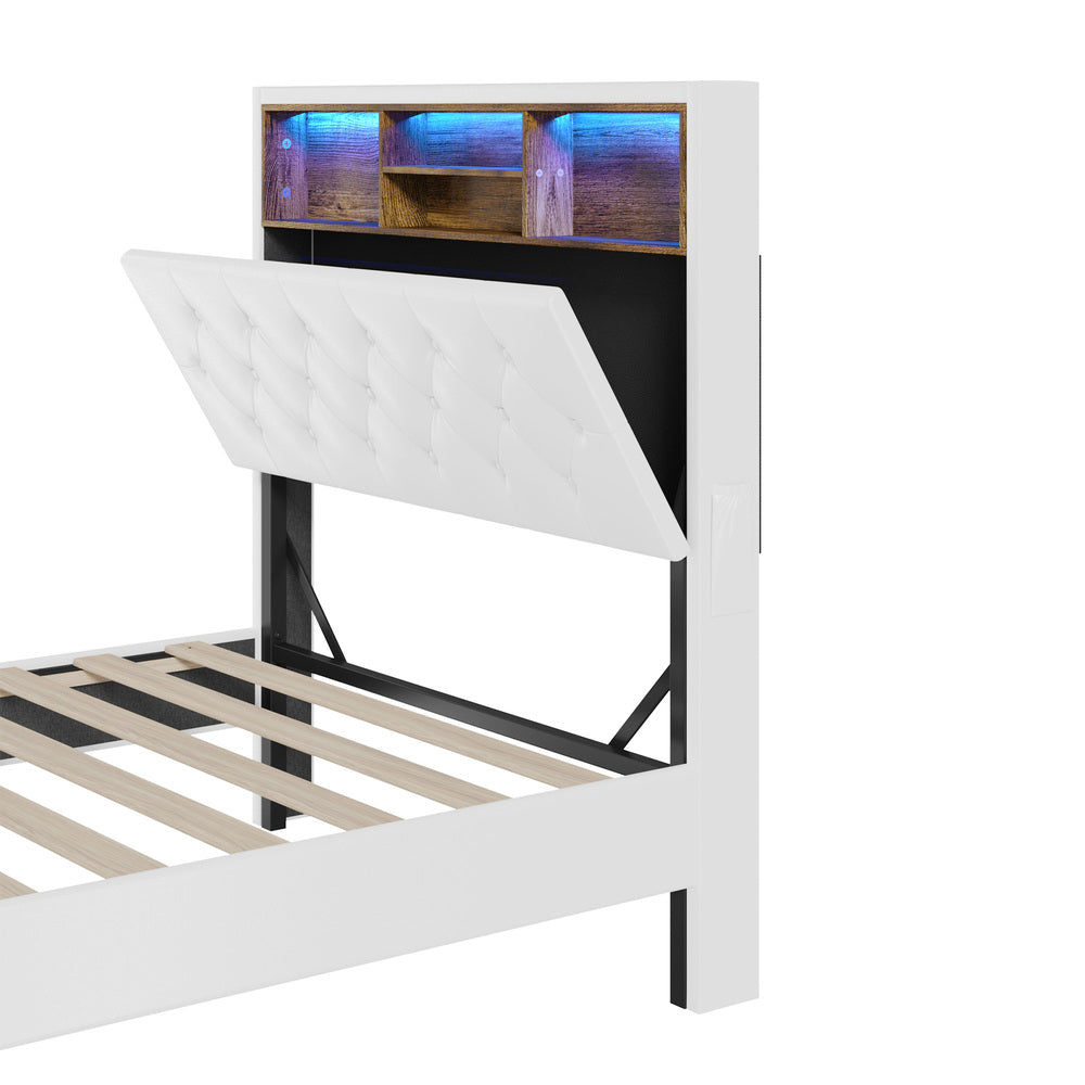 Oikiture Bed Frame King Single Size with LED Storage Bedhead White-Bed Frame-PEROZ Accessories