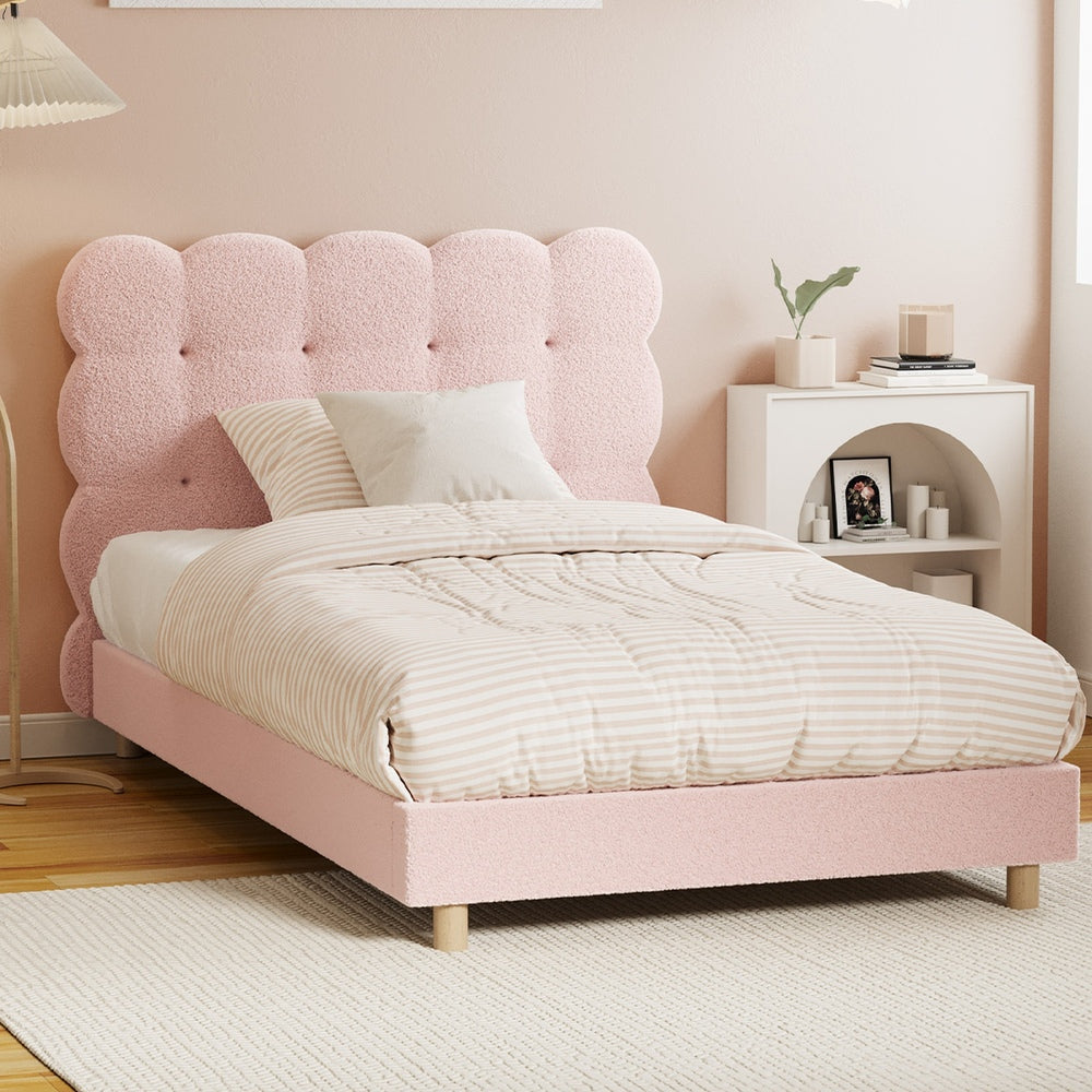 Oikiture Bed Frame King Single Tufted Bedhead Boucle Fabric Pink-Bed Frame-PEROZ Accessories