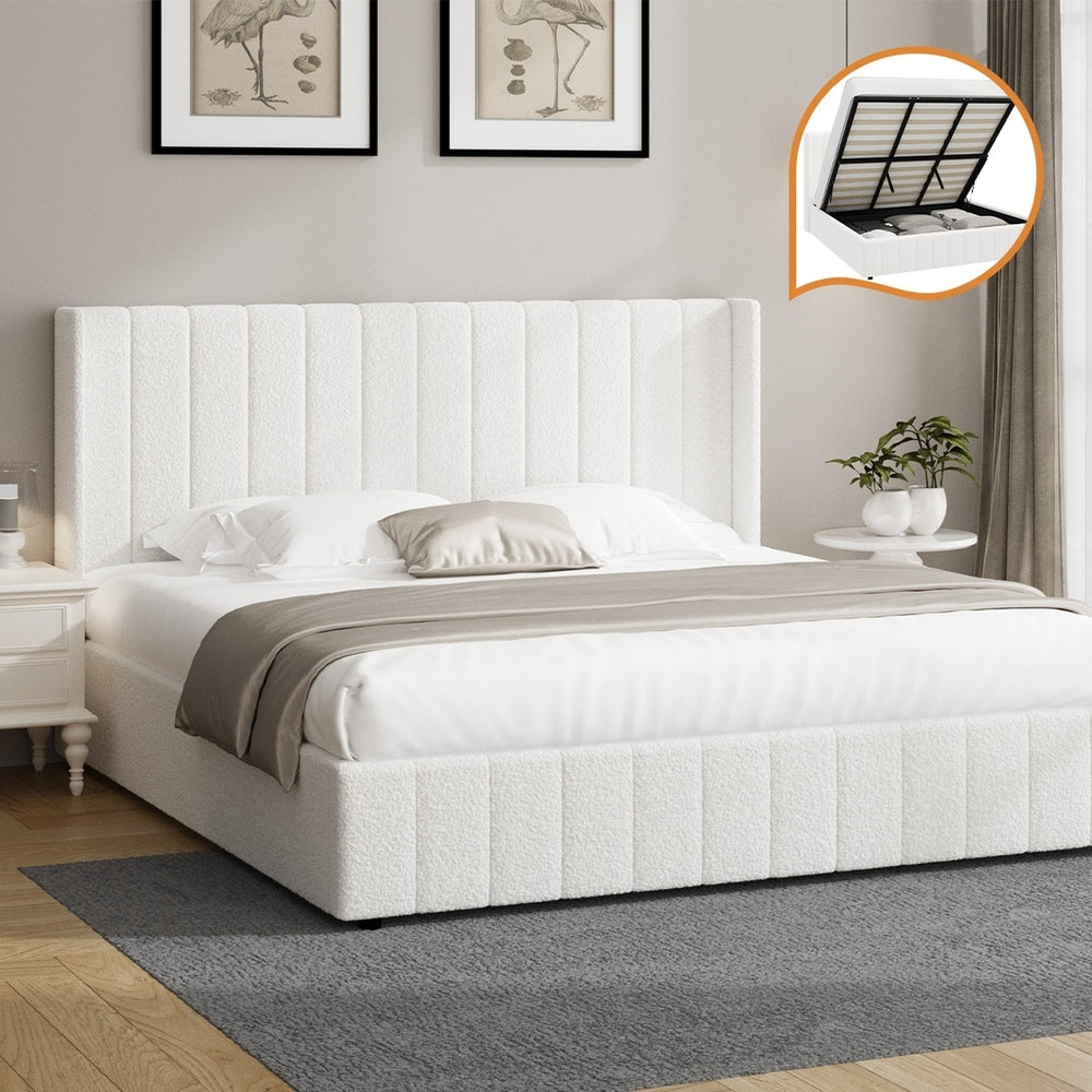 Oikiture Bed Frame King Size Gas Lift Base Boucle Fabric White-Bed Frame-PEROZ Accessories
