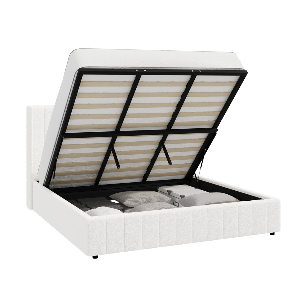 Oikiture Bed Frame King Size Gas Lift Base Boucle Fabric White-Bed Frame-PEROZ Accessories
