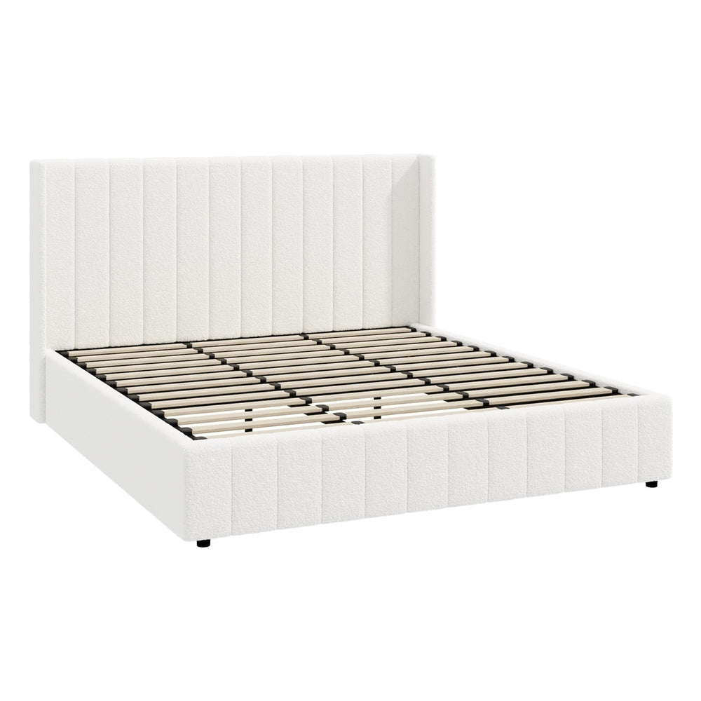 Oikiture Bed Frame King Size Gas Lift Base Boucle Fabric White-Bed Frame-PEROZ Accessories