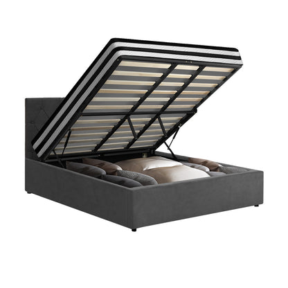 Oikiture Bed Frame King Size Gas Lift Base with Mattress Velvet Grey-Bed Frame-PEROZ Accessories