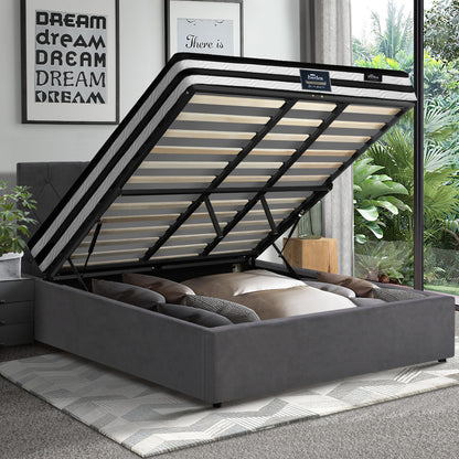 Oikiture Bed Frame King Size Gas Lift Base with Mattress Velvet Grey-Bed Frame-PEROZ Accessories