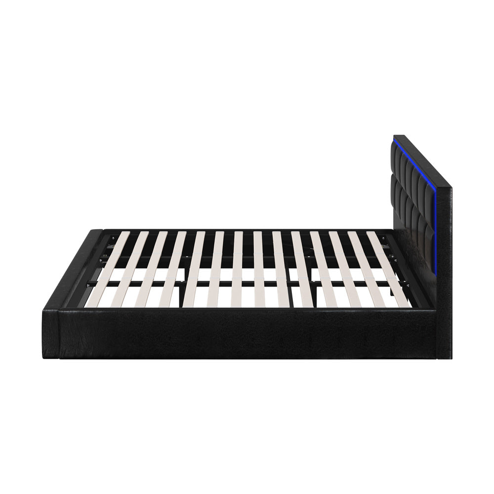 Oikiture Bed Frame King Size RGB LED Gas Lift Storage Base Leather-Bed Frame-PEROZ Accessories