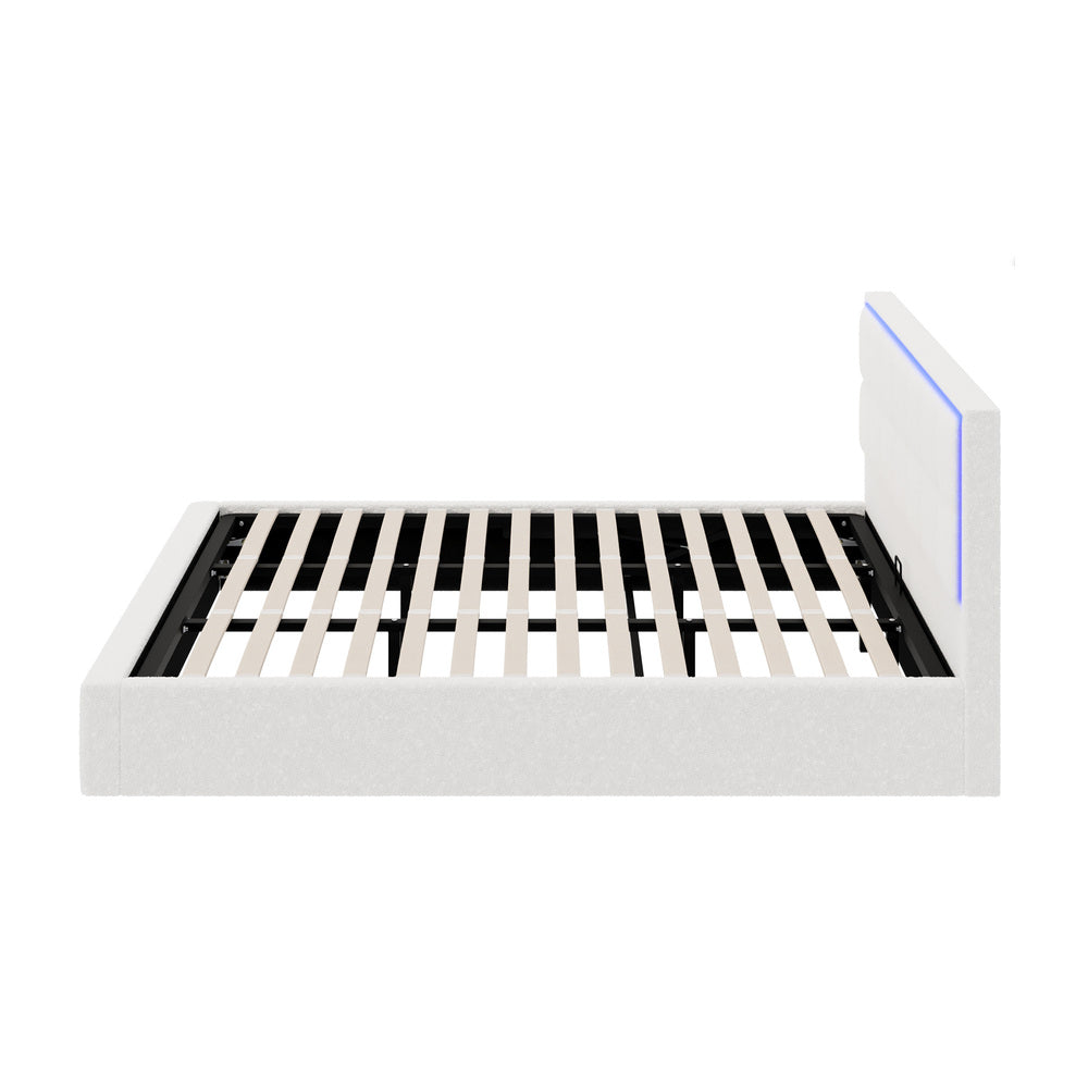 Oikiture Bed Frame King Size RGB LED Gas Lift Storage Base White Boucle-Bed Frame-PEROZ Accessories