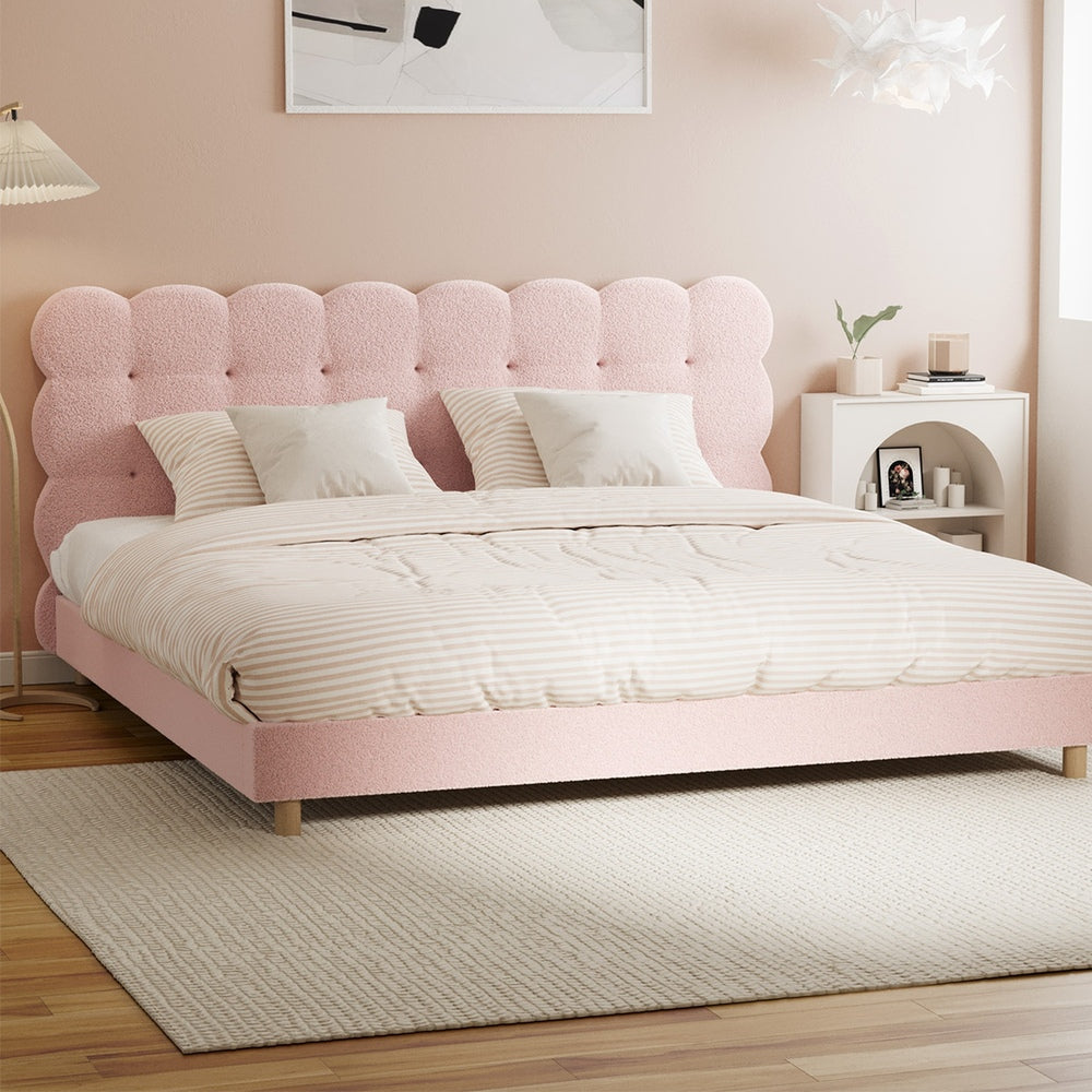 Oikiture Bed Frame King Size Tufted Bedhead Boucle Fabric Pink-Bed Frame-PEROZ Accessories