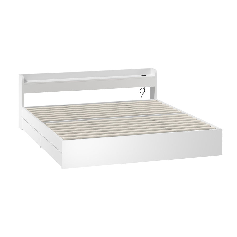 Oikiture Bed Frame King Size with 2 Drawers Charging Ports White-Bed Frame-PEROZ Accessories