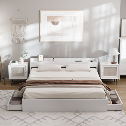 Oikiture Bed Frame King Size with 2 Drawers Charging Ports White-Bed Frame-PEROZ Accessories