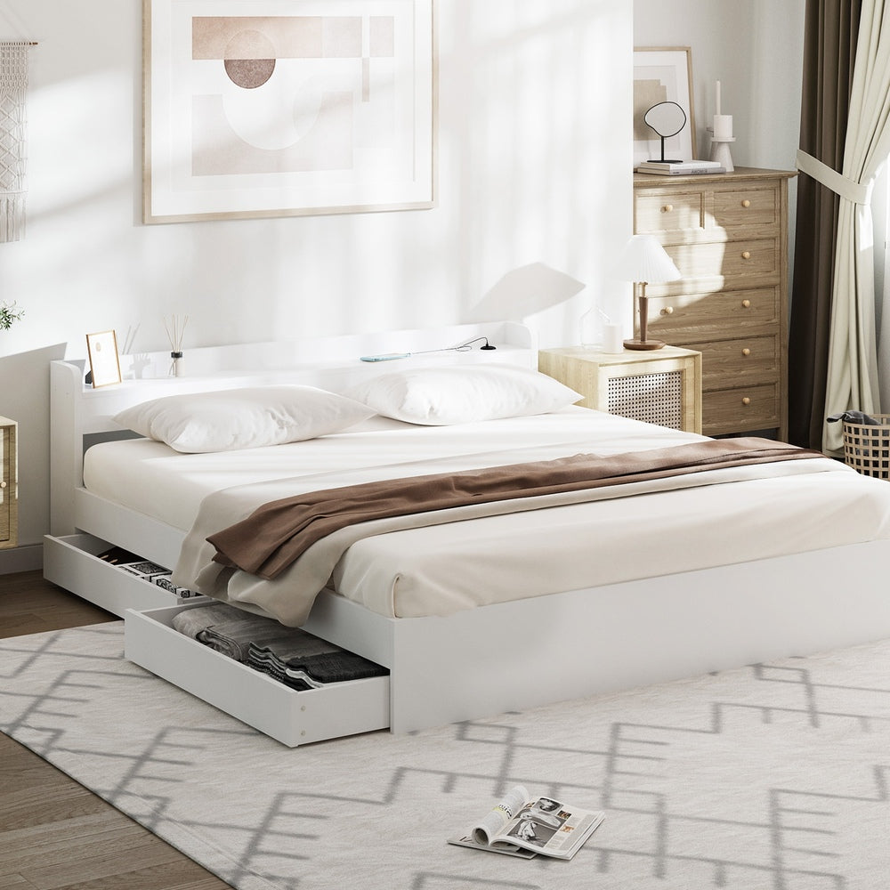 Oikiture Bed Frame King Size with 2 Drawers Charging Ports White-Bed Frame-PEROZ Accessories