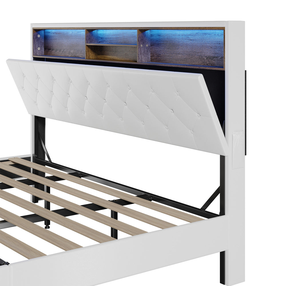 Oikiture Bed Frame King Size with LED Storage Bedhead White-Bed Frame-PEROZ Accessories