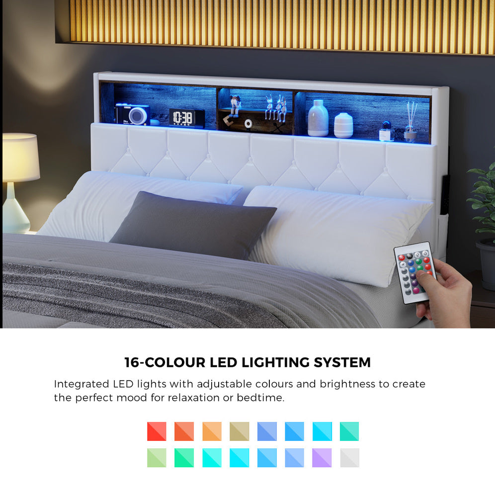 Oikiture Bed Frame King Size with LED Storage Bedhead White-Bed Frame-PEROZ Accessories