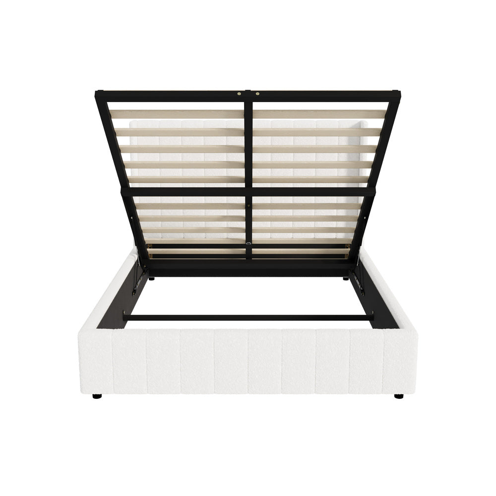 Oikiture Bed Frame Queen Size Gas Lift Base Boucle Fabric White-Bed Frame-PEROZ Accessories