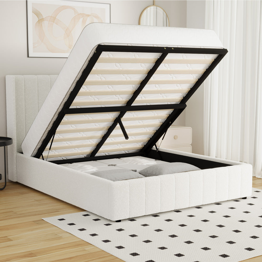 Oikiture Bed Frame Queen Size Gas Lift Base Boucle Fabric White-Bed Frame-PEROZ Accessories