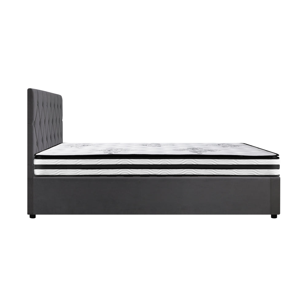 Oikiture Bed Frame Queen Size Gas Lift Base with Mattress Velvet Grey-Bed Frame-PEROZ Accessories