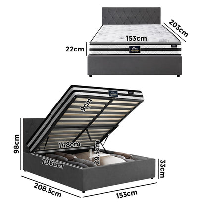 Oikiture Bed Frame Queen Size Gas Lift Base with Mattress Velvet Grey-Bed Frame-PEROZ Accessories