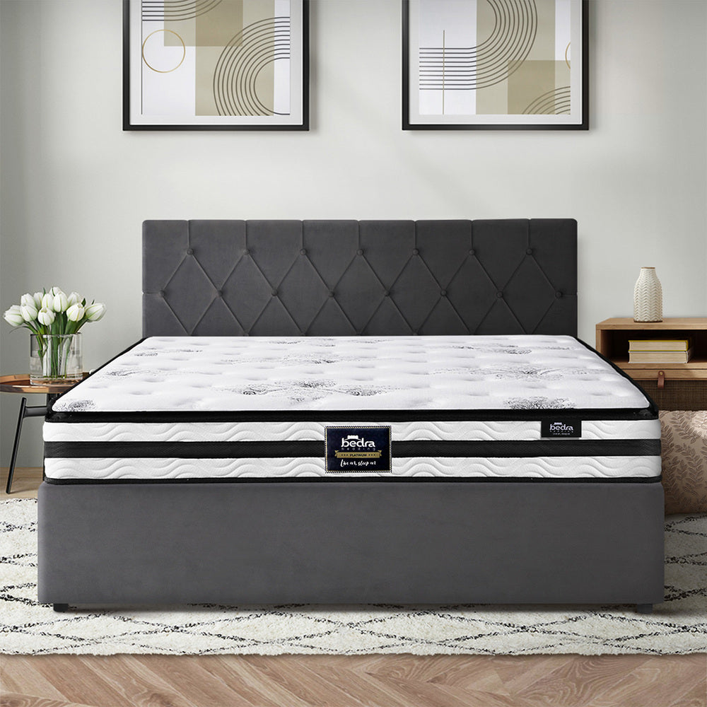 Oikiture Bed Frame Queen Size Gas Lift Base with Mattress Velvet Grey-Bed Frame-PEROZ Accessories