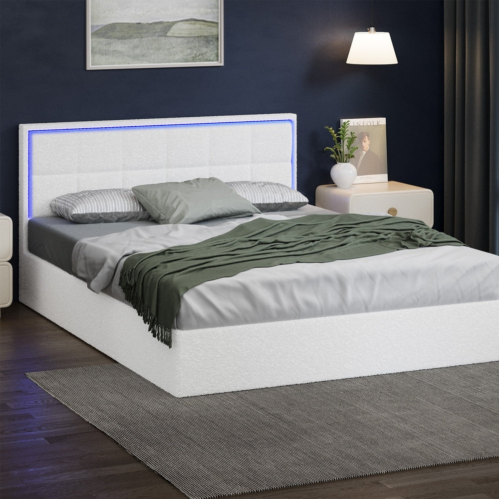Oikiture Bed Frame Queen Size RGB LED Gas Lift Storage Base White Boucle-Bed Frame-PEROZ Accessories