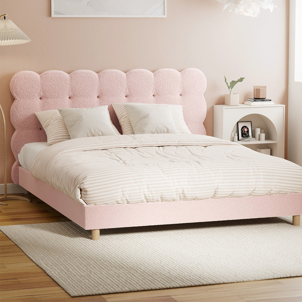 Oikiture Bed Frame Queen Size Tufted Bedhead Boucle Fabric Pink-Bed Frame-PEROZ Accessories