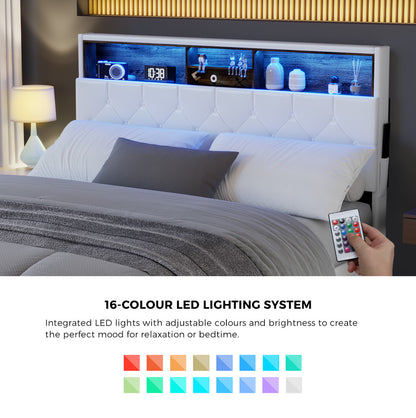 Oikiture Bed Frame Queen Size with LED Storage Bedhead White-Bed Frame-PEROZ Accessories