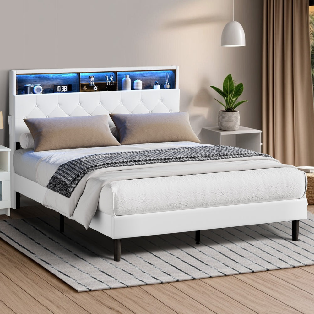 Oikiture Bed Frame Queen Size with LED Storage Bedhead White-Bed Frame-PEROZ Accessories