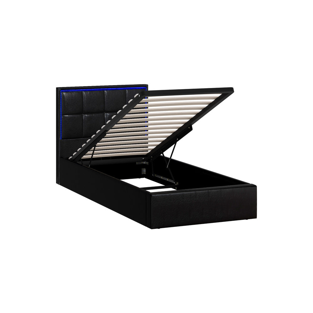 Oikiture Bed Frame Single Size RGB LED Gas Lift Storage Base Leather-Bed Frame-PEROZ Accessories