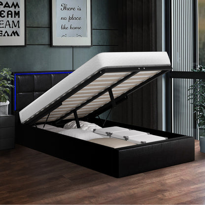 Oikiture Bed Frame Single Size RGB LED Gas Lift Storage Base Leather-Bed Frame-PEROZ Accessories